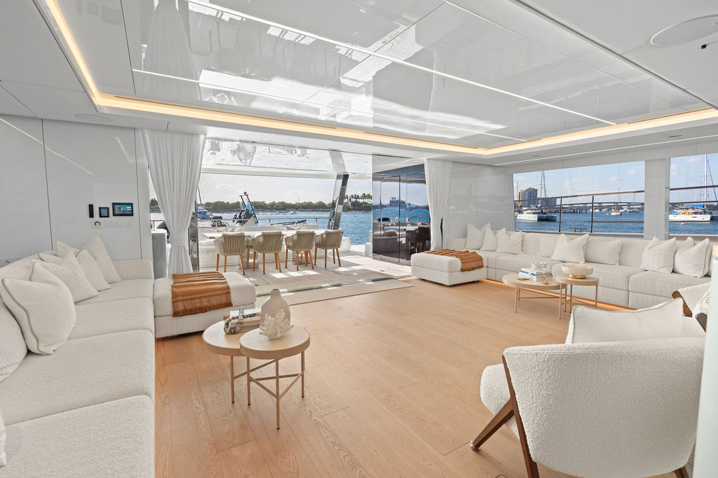 Saloon looking aft with curtains